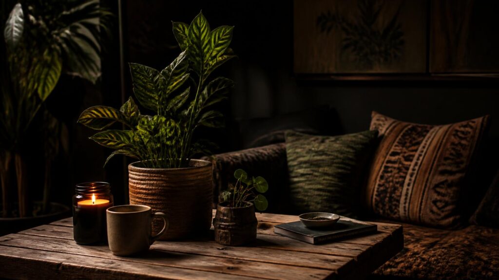 Low-light indoor plants creating a cozy atmosphere in a dimly lit living room.